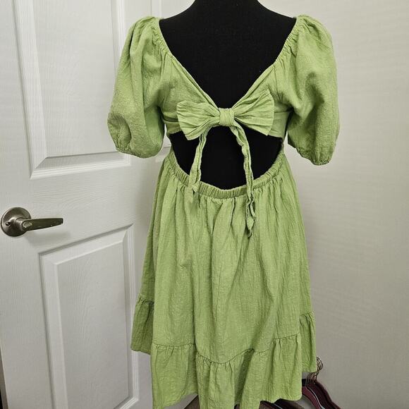 Hesperus Lime Green Mini Dress Puff Sleeves Semi Backless Size M - Picture 5 of 11
